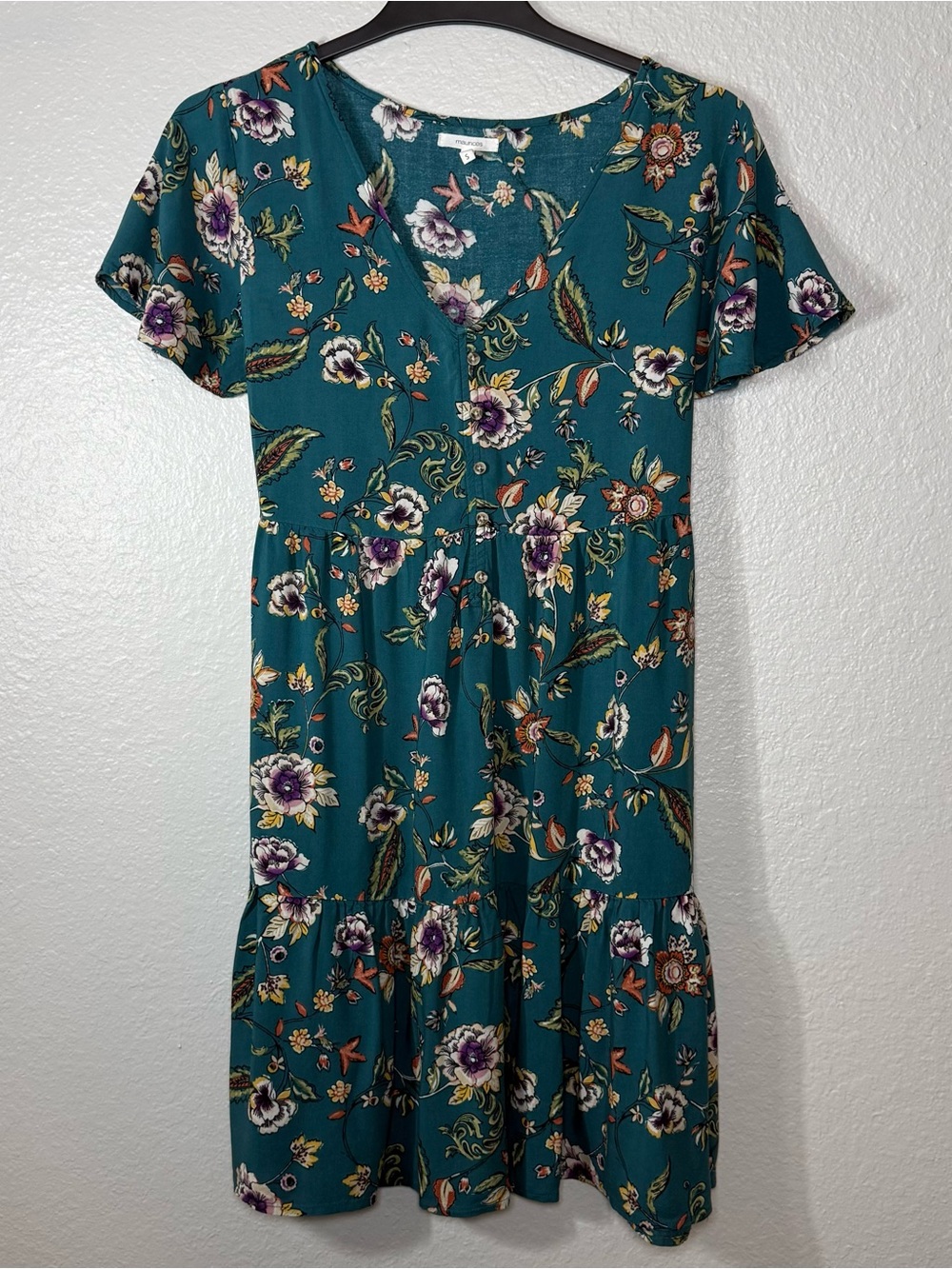 Maurices Teal Floral‎ Ruffle A-Line Dress V-Neck Short Sleeve Rayon Size S